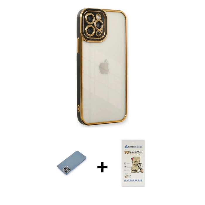 MARSİLYAN™- iPhone 12 Pro Max Kılıf Çekirdek Klasik Serisi - Siyah Mat Seramik Nano Ekran Koruyucu + Shine Kamera Lens Koruma Cam - GI
