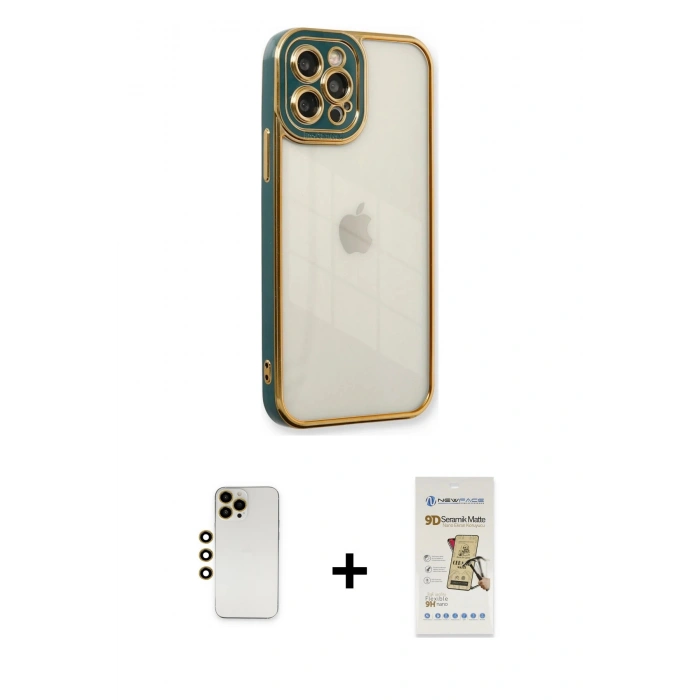 MARSİLYAN™- iPhone 12 Pro Max Kılıf Çekirdek Klasik Serisi - Siyah Mat Seramik Nano Ekran Koruyucu + Shine Kamera Lens - GD