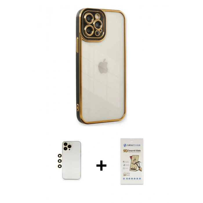 MARSİLYAN™- iPhone 12 Pro Max Kılıf Çekirdek Klasik Serisi - Siyah Mat Seramik Nano Ekran Koruyucu + Shine Kamera Lens - GD