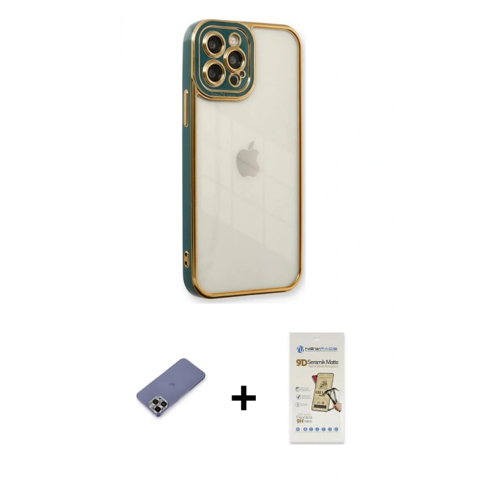 MARSİLYAN™- iPhone 12 Pro Max Kılıf Çekirdek Klasik Serisi - Siyah Mat Seramik Nano Ekran Koruyucu + Metal Kamera Lens Koruma Cam - GD