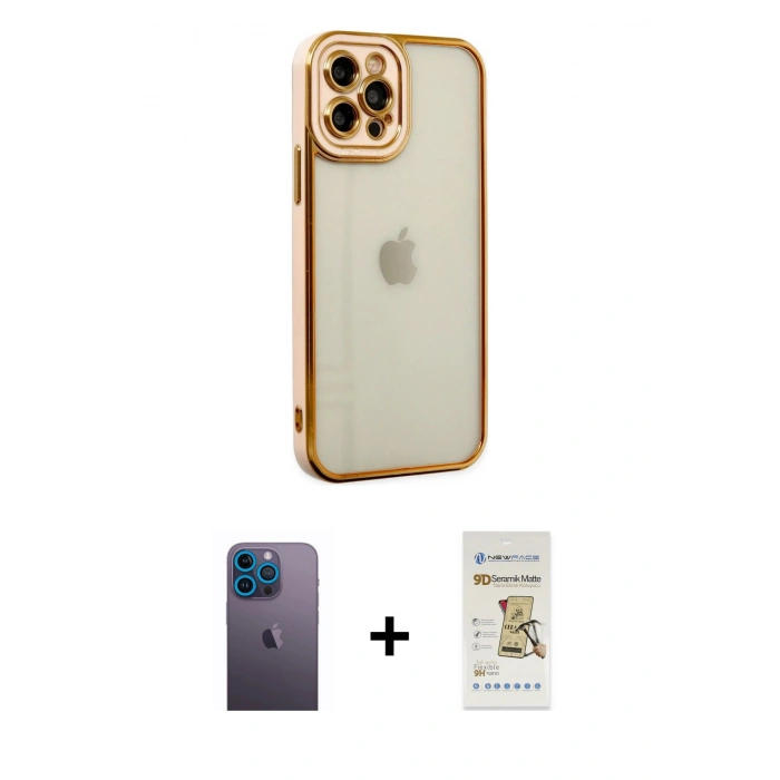 MARSİLYAN™- iPhone 12 Pro Max Kılıf Çekirdek Klasik Serisi - Siyah Mat Seramik Nano Ekran Koruyucu + Neon Fosforlu Kamera Lens - MI