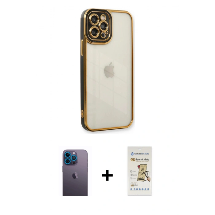 MARSİLYAN™- iPhone 12 Pro Max Kılıf Çekirdek Klasik Serisi - Siyah Mat Seramik Nano Ekran Koruyucu + Neon Fosforlu Kamera Lens - MI