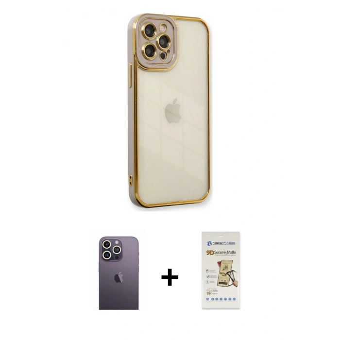 MARSİLYAN™- iPhone 12 Pro Max Kılıf Çekirdek Klasik Serisi - Siyah Mat Seramik Nano Ekran Koruyucu + Neon Fosforlu Kamera Lens - BZ
