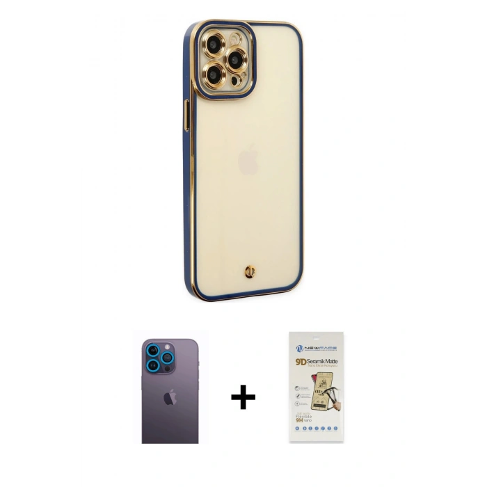 MARSİLYAN™- iPhone 12 Pro Max Kılıf Çekirdek Klasik Serisi - Siyah Mat Seramik Nano Ekran Koruyucu + Neon Fosforlu Kamera Lens - MI