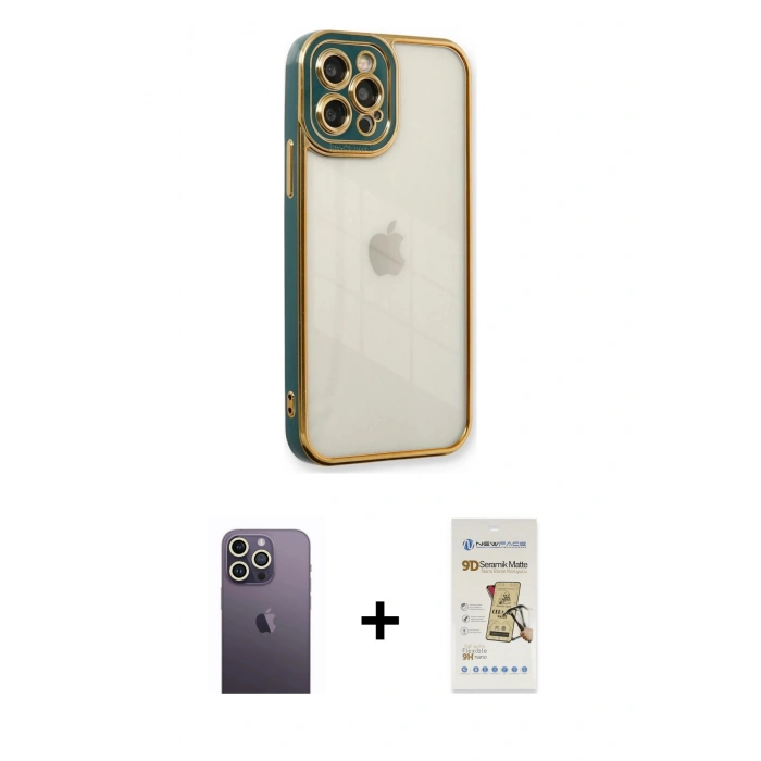 MARSİLYAN™- iPhone 12 Pro Max Kılıf Çekirdek Klasik Serisi - Siyah Mat Seramik Nano Ekran Koruyucu + Neon Fosforlu Kamera Lens - BZ