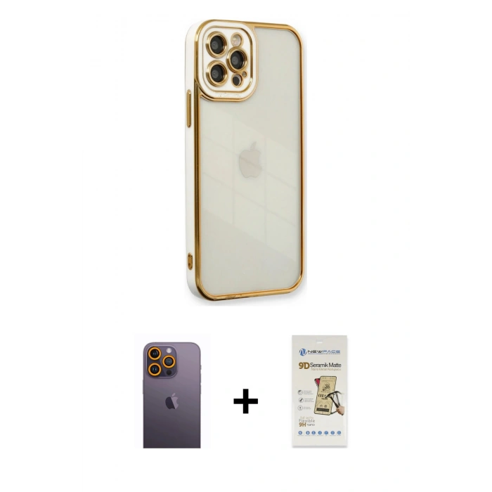 MARSİLYAN™- iPhone 12 Pro Max Kılıf Çekirdek Klasik Serisi - Siyah Mat Seramik Nano Ekran Koruyucu + Neon Fosforlu Kamera Lens - SI