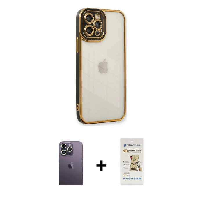 MARSİLYAN™- iPhone 12 Pro Max Kılıf Çekirdek Klasik Serisi - Siyah Mat Seramik Nano Ekran Koruyucu + Neon Fosforlu Kamera Lens - BZ