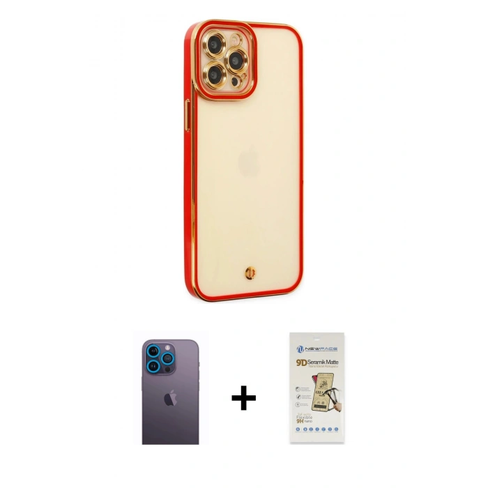 MARSİLYAN™- iPhone 12 Pro Max Kılıf Çekirdek Klasik Serisi - Siyah Mat Seramik Nano Ekran Koruyucu + Neon Fosforlu Kamera Lens - MI