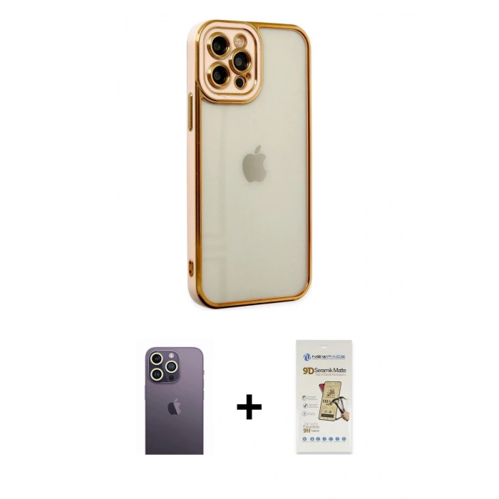 MARSİLYAN™- iPhone 12 Pro Max Kılıf Çekirdek Klasik Serisi - Siyah Mat Seramik Nano Ekran Koruyucu + Neon Fosforlu Kamera Lens - BZ
