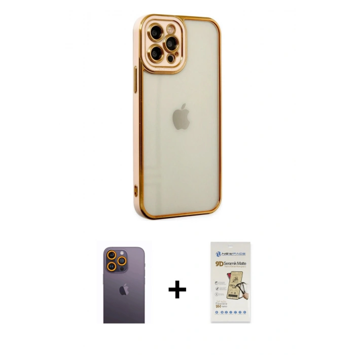 MARSİLYAN™- iPhone 12 Pro Max Kılıf Çekirdek Klasik Serisi - Siyah Mat Seramik Nano Ekran Koruyucu + Neon Fosforlu Kamera Lens - SI