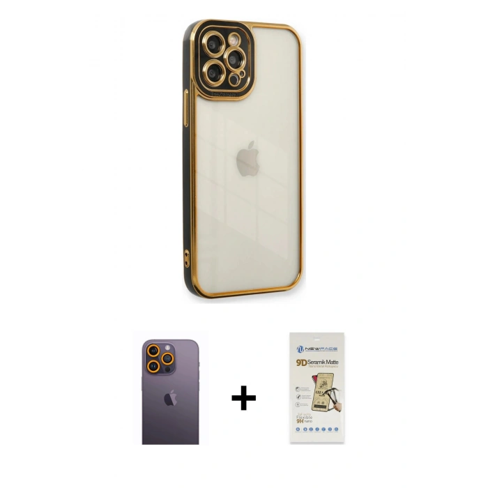 MARSİLYAN™- iPhone 12 Pro Max Kılıf Çekirdek Klasik Serisi - Siyah Mat Seramik Nano Ekran Koruyucu + Neon Fosforlu Kamera Lens - SI