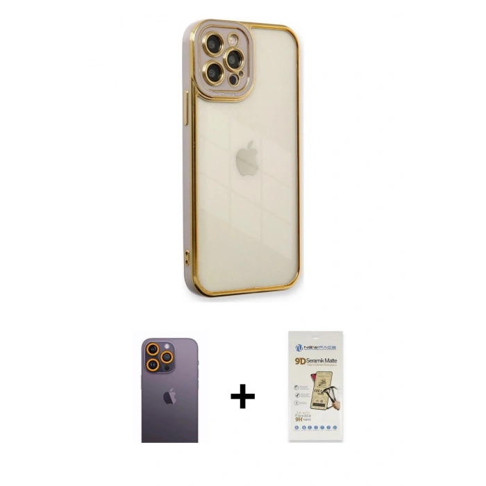 MARSİLYAN™- iPhone 12 Pro Max Kılıf Çekirdek Klasik Serisi - Siyah Mat Seramik Nano Ekran Koruyucu + Neon Fosforlu Kamera Lens - SI