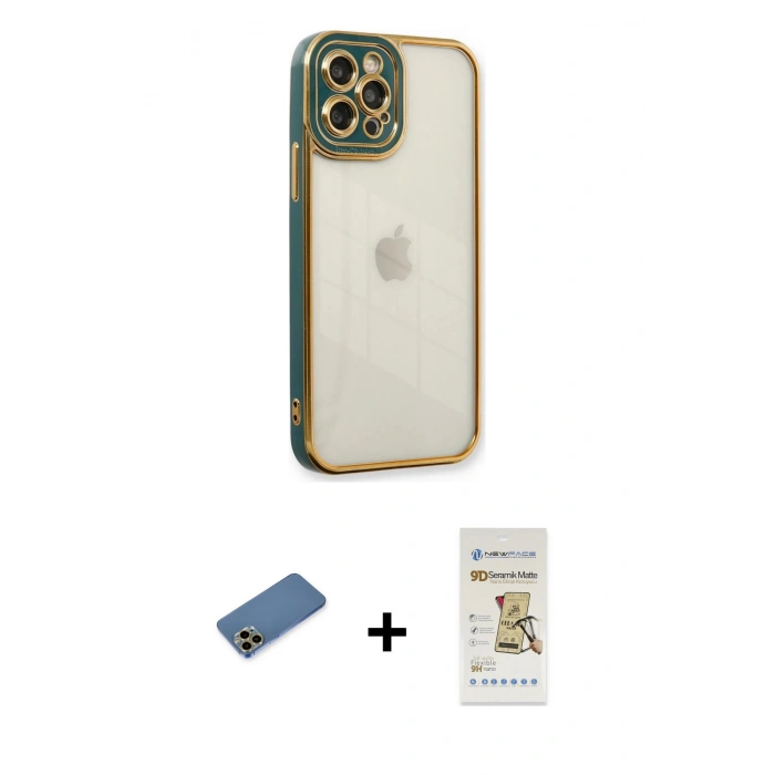 MARSİLYAN™- iPhone 12 Pro Max Kılıf Çekirdek Klasik Serisi - Siyah Mat Seramik Nano Ekran Koruyucu + Shine Kamera Lens Koruma Cam - GD