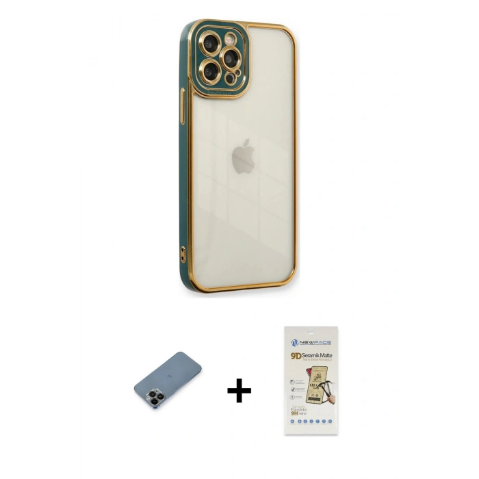 MARSİLYAN™- iPhone 12 Pro Max Kılıf Çekirdek Klasik Serisi - Siyah Mat Seramik Nano Ekran Koruyucu + Siyah Shine Kamera Lens Koruma Cam