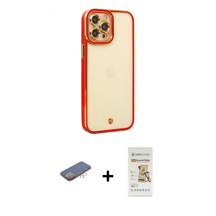 MARSİLYAN™- iPhone 12 Pro Max Kılıf Çekirdek Klasik Serisi - Siyah Mat Seramik Nano Ekran Koruyucu + Renkli Kamera Lens Koruma Cam - TU
