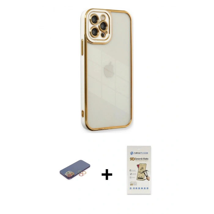 MARSİLYAN™- iPhone 12 Pro Max Kılıf Çekirdek Klasik Serisi - Siyah Mat Seramik Nano Ekran Koruyucu + Renkli Kamera Lens Koruma Cam - TU
