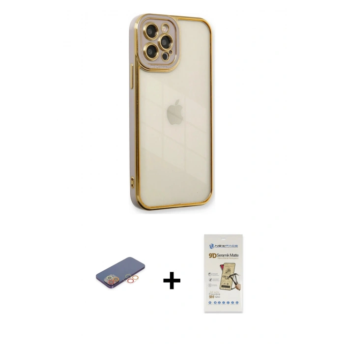 MARSİLYAN™- iPhone 12 Pro Max Kılıf Çekirdek Klasik Serisi - Siyah Mat Seramik Nano Ekran Koruyucu + Renkli Kamera Lens Koruma Cam - TU