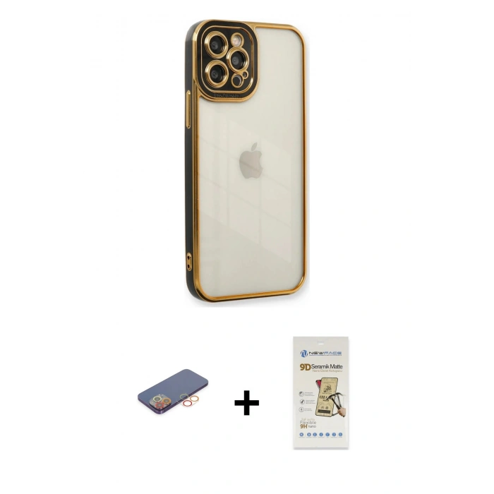 MARSİLYAN™- iPhone 12 Pro Max Kılıf Çekirdek Klasik Serisi - Siyah Mat Seramik Nano Ekran Koruyucu + Renkli Kamera Lens Koruma Cam - TU