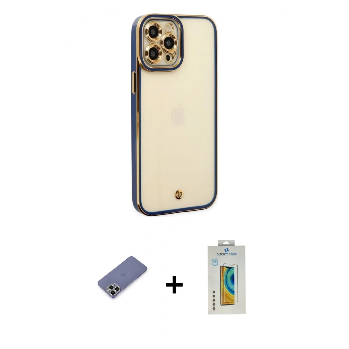 MARSİLYAN™- iPhone 12 Pro Max Kılıf Çekirdek Klasik Serisi - Siyah Polymer Nano Ekran Koruyucu + Metal Kamera Lens Koruma Cam - GD