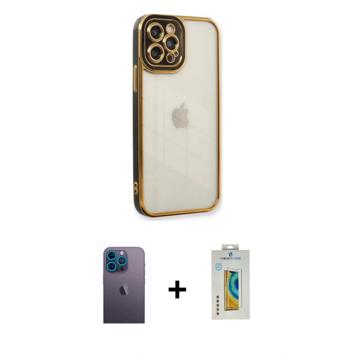 MARSİLYAN™- iPhone 12 Pro Max Kılıf Çekirdek Klasik Serisi - Siyah Polymer Nano Ekran Koruyucu + Neon Fosforlu Kamera Lens - MI