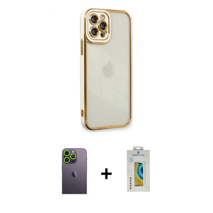 MARSİLYAN™- iPhone 12 Pro Max Kılıf Çekirdek Klasik Serisi - Siyah Polymer Nano Ekran Koruyucu + Neon Fosforlu Kamera Lens - YL