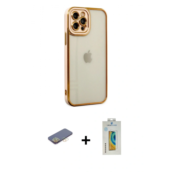 MARSİLYAN™- iPhone 12 Pro Max Kılıf Çekirdek Klasik Serisi - Siyah Polymer Nano Ekran Koruyucu + Renkli Kamera Lens Koruma Cam - SI