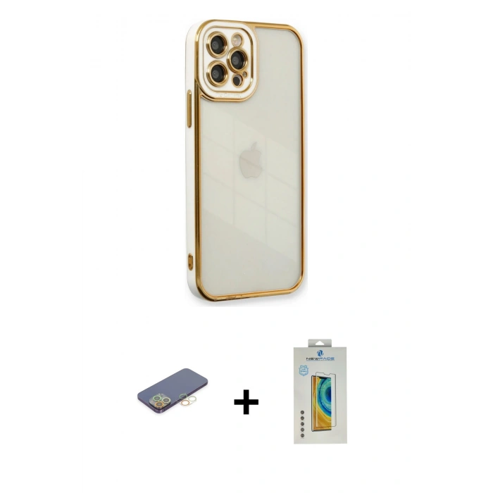 MARSİLYAN™- iPhone 12 Pro Max Kılıf Çekirdek Klasik Serisi - Siyah Polymer Nano Ekran Koruyucu + Renkli Kamera Lens Koruma Cam - SI
