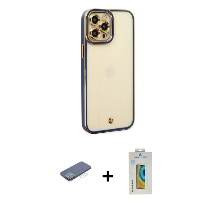 MARSİLYAN™- iPhone 12 Pro Max Kılıf Çekirdek Klasik Serisi - Siyah Polymer Nano Ekran Koruyucu + Renkli Kamera Lens Koruma Cam - YL