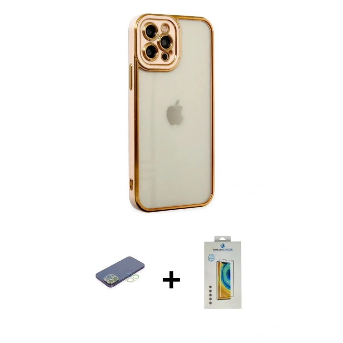 MARSİLYAN™- iPhone 12 Pro Max Kılıf Çekirdek Klasik Serisi - Siyah Polymer Nano Ekran Koruyucu + Renkli Kamera Lens Koruma Cam - YL