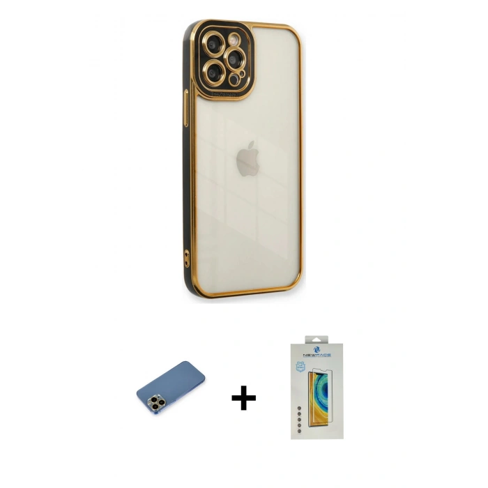 MARSİLYAN™- iPhone 12 Pro Max Kılıf Çekirdek Klasik Serisi - Siyah Polymer Nano Ekran Koruyucu + Shine Kamera Lens Koruma Cam - GD