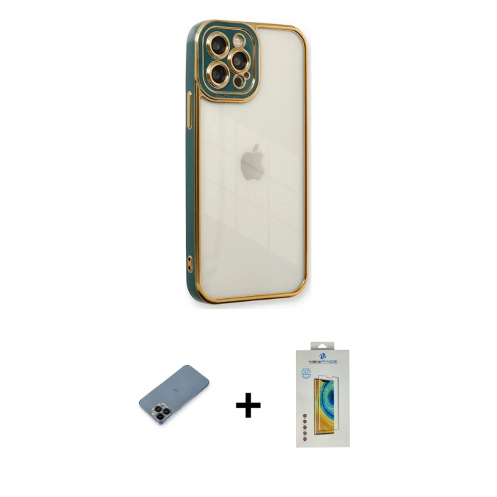 MARSİLYAN™- iPhone 12 Pro Max Kılıf Çekirdek Klasik Serisi - Siyah Polymer Nano Ekran Koruyucu + Shine Kamera Lens Koruma Cam - SH