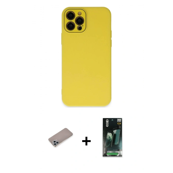 MARSİLYAN™- iPhone 12 Pro Max Kılıf Çekirdek Modern Serisi - Şeffaf 360 Full Body Arka Koruyucu + Sierra Blue Shine Kamera Lens Koruma Cam