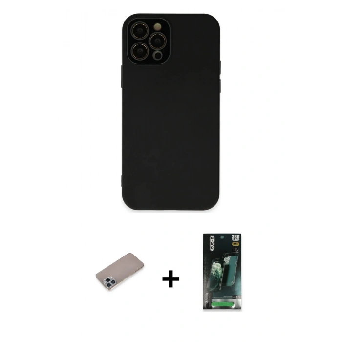MARSİLYAN™- iPhone 12 Pro Max Kılıf Çekirdek Modern Serisi - Şeffaf 360 Full Body Arka Koruyucu + Sierra Blue Shine Kamera Lens Koruma Cam