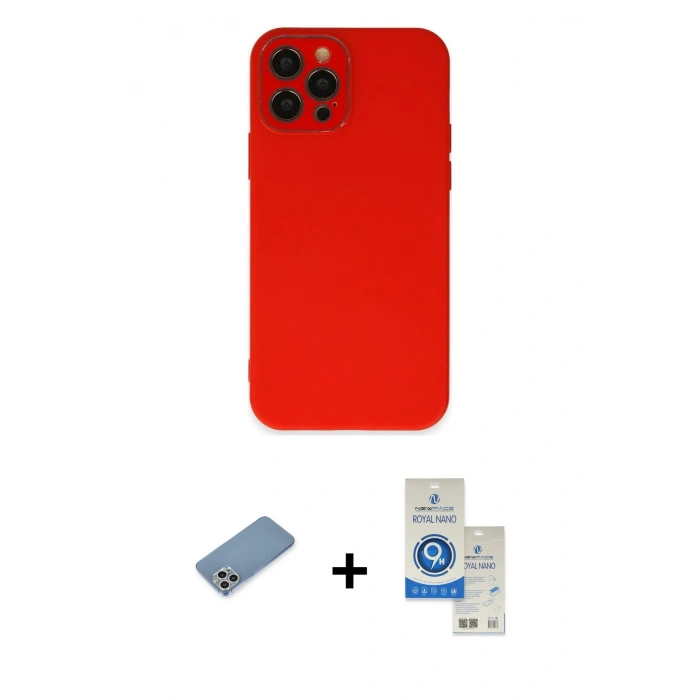 MARSİLYAN™- iPhone 12 Pro Max Kılıf Çekirdek Modern Serisi - Şeffaf Royal Nano Ekran Koruyucu + Gümüş Shine Kamera Lens Koruma Cam