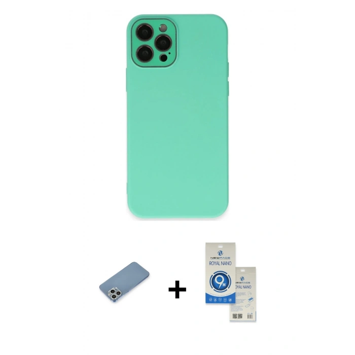 MARSİLYAN™- iPhone 12 Pro Max Kılıf Çekirdek Modern Serisi - Şeffaf Royal Nano Ekran Koruyucu + Gümüş Shine Kamera Lens Koruma Cam