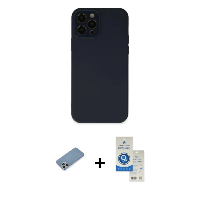 MARSİLYAN™- iPhone 12 Pro Max Kılıf Çekirdek Modern Serisi - Şeffaf Royal Nano Ekran Koruyucu + Gümüş Shine Kamera Lens Koruma Cam