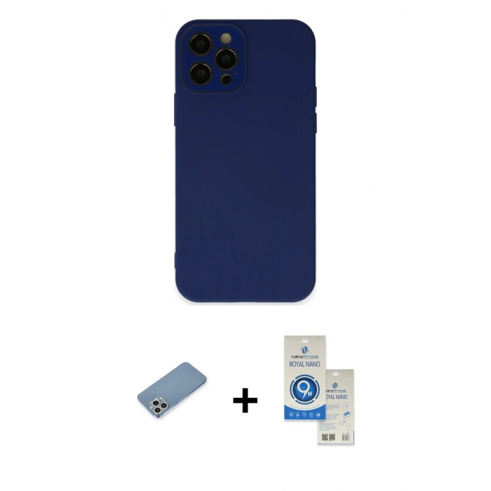 MARSİLYAN™- iPhone 12 Pro Max Kılıf Çekirdek Modern Serisi - Şeffaf Royal Nano Ekran Koruyucu + Gümüş Shine Kamera Lens Koruma Cam