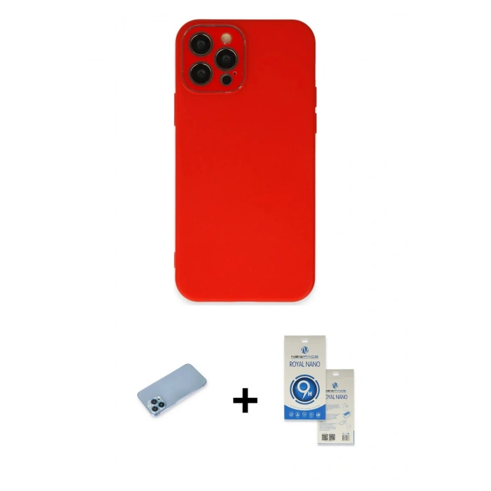 MARSİLYAN™- iPhone 12 Pro Max Kılıf Çekirdek Modern Serisi - Şeffaf Royal Nano Ekran Koruyucu + Mavi Shine Kamera Lens Koruma Cam