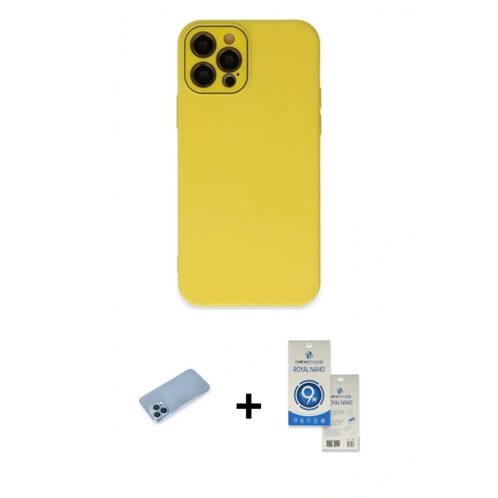 MARSİLYAN™- iPhone 12 Pro Max Kılıf Çekirdek Modern Serisi - Şeffaf Royal Nano Ekran Koruyucu + Mavi Shine Kamera Lens Koruma Cam