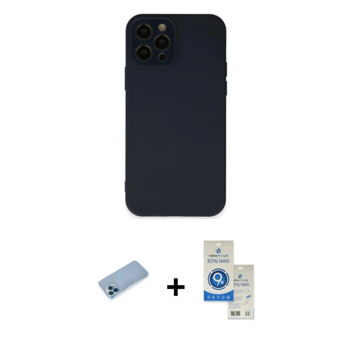 MARSİLYAN™- iPhone 12 Pro Max Kılıf Çekirdek Modern Serisi - Şeffaf Royal Nano Ekran Koruyucu + Mavi Shine Kamera Lens Koruma Cam
