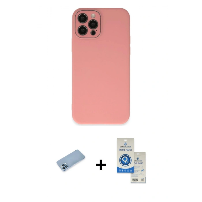 MARSİLYAN™- iPhone 12 Pro Max Kılıf Çekirdek Modern Serisi - Şeffaf Royal Nano Ekran Koruyucu + Mavi Shine Kamera Lens Koruma Cam