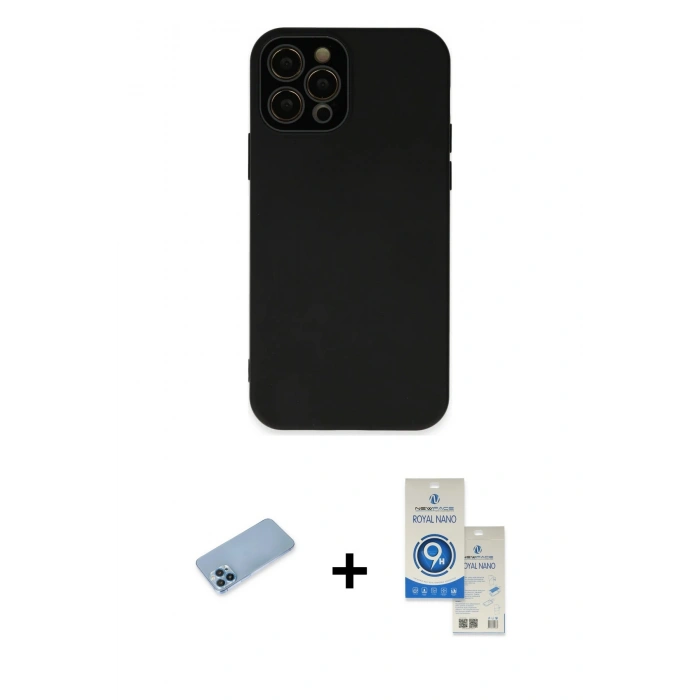 MARSİLYAN™- iPhone 12 Pro Max Kılıf Çekirdek Modern Serisi - Şeffaf Royal Nano Ekran Koruyucu + Mavi Shine Kamera Lens Koruma Cam