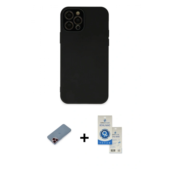 MARSİLYAN™- iPhone 12 Pro Max Kılıf Çekirdek Modern Serisi - Şeffaf Royal Nano Ekran Koruyucu + Metal Kamera Lens Koruma Cam - KI