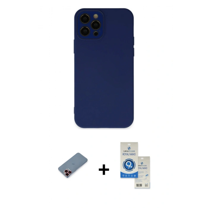 MARSİLYAN™- iPhone 12 Pro Max Kılıf Çekirdek Modern Serisi - Şeffaf Royal Nano Ekran Koruyucu + Metal Kamera Lens Koruma Cam - KI