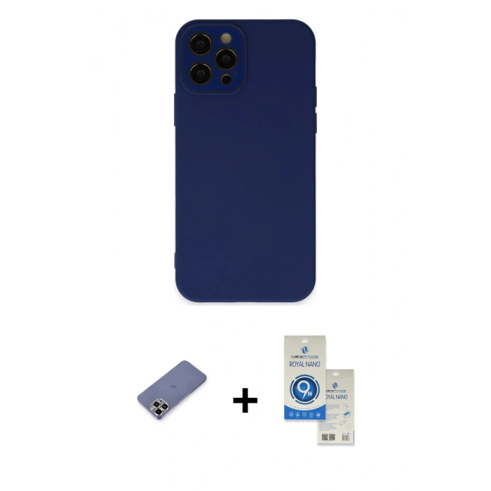 MARSİLYAN™- iPhone 12 Pro Max Kılıf Çekirdek Modern Serisi - Şeffaf Royal Nano Ekran Koruyucu + Metal Kamera Lens Koruma Cam - GD