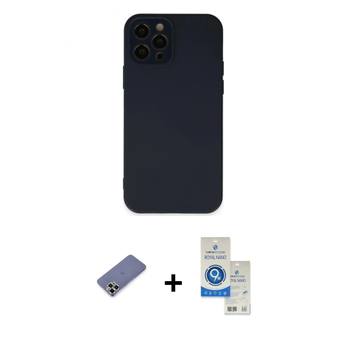 MARSİLYAN™- iPhone 12 Pro Max Kılıf Çekirdek Modern Serisi - Şeffaf Royal Nano Ekran Koruyucu + Metal Kamera Lens Koruma Cam - GD