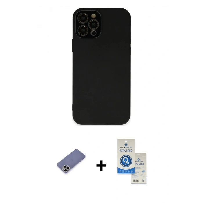 MARSİLYAN™- iPhone 12 Pro Max Kılıf Çekirdek Modern Serisi - Şeffaf Royal Nano Ekran Koruyucu + Metal Kamera Lens Koruma Cam - GD