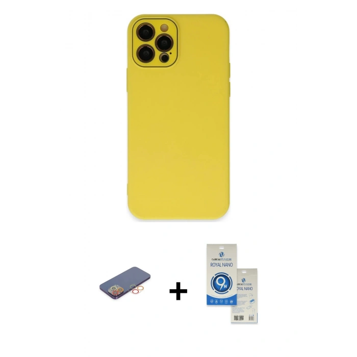 MARSİLYAN™- iPhone 12 Pro Max Kılıf Çekirdek Modern Serisi - Şeffaf Royal Nano Ekran Koruyucu + Renkli Kamera Lens Koruma Cam - TU