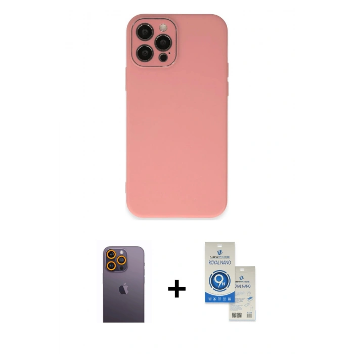 MARSİLYAN™- iPhone 12 Pro Max Kılıf Çekirdek Modern Serisi - Şeffaf Royal Nano Ekran Koruyucu + Neon Fosforlu Kamera Lens - SI