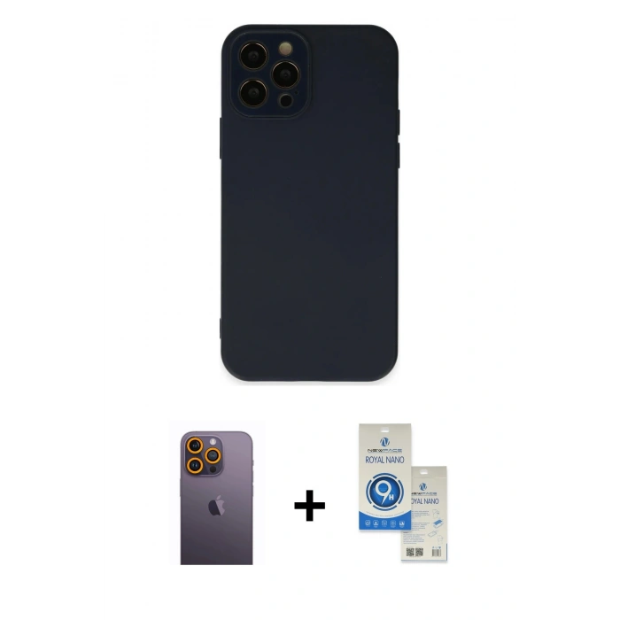 MARSİLYAN™- iPhone 12 Pro Max Kılıf Çekirdek Modern Serisi - Şeffaf Royal Nano Ekran Koruyucu + Neon Fosforlu Kamera Lens - SI